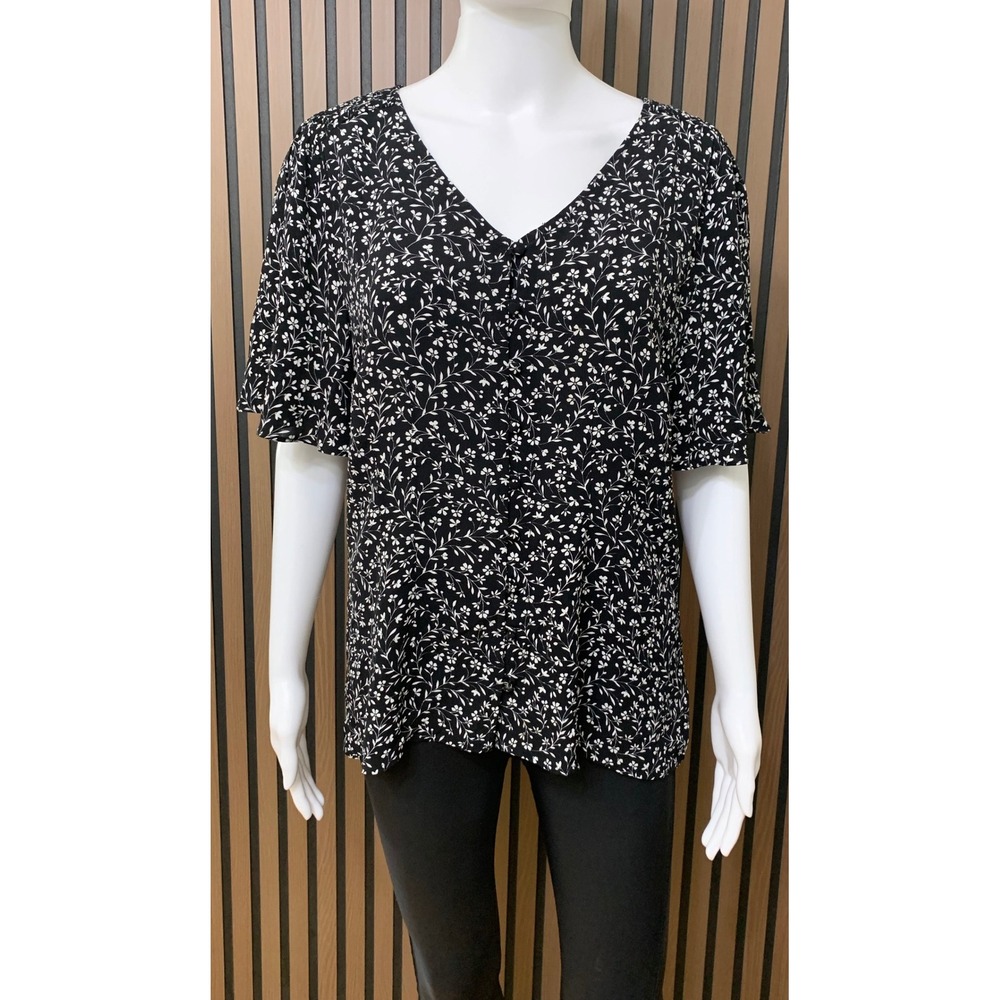 Talbots Women's Black White Floral V-Neck Button Front Viscose Blouse Top Size 8